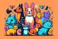 Cheerful Cartoon Animal Illustration Featuring Cats, Dogs, and Rabbits in Bright Colors. AI