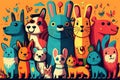 Cheerful Cartoon Animal Illustration Featuring Cats, Dogs, and Rabbits in Bright Colors. AI