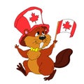 Cheerful cartoon beaver with a flag. Character beaver vector. Happy Canada Day. Illustration on white background. Royalty Free Stock Photo