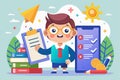 A cheerful cartoon boy holding a checklist and a smartphone, both featuring customizable grades, Grades Customizable Cartoon Royalty Free Stock Photo