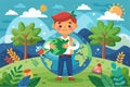 A cheerful cartoon character embraces the globe, symbolizing the importance of caring for the planet, Cartoon illustration of