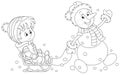 Funny snowman sledding a happy little boy