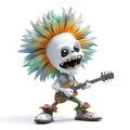 cheerful cartoon character with a white complexion, wide grin and vibrant hair strumming a guitar