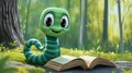 cheerful cartoon cute green worm reading a book, concept for the World Book Day event, poster Royalty Free Stock Photo