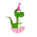 Cheerful cartoon dinosaur celebrating a birthday in a party hat. Royalty Free Stock Photo