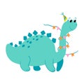 Cartoon Dinosaur Celebrating Birthday With Party Hat and colorful flags on White Background Royalty Free Stock Photo