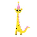 Cheerful cartoon dinosaur in a party hat smiling brightly. Royalty Free Stock Photo