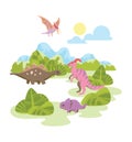 Group of cartoon dinosaurs, on background of mountains and green trees, vector illustration. Royalty Free Stock Photo