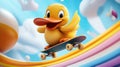 Cheerful cartoon duck skating over rainbow with beach ball and clouds Royalty Free Stock Photo