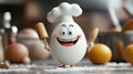 Cheerful cartoon egg chef holding rolling pin and spoon in kitchen setting Royalty Free Stock Photo