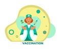 Cheerful cartoon female doctor inventing and doing vaccine vector