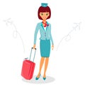 Cheerful cartoon flight attendant in uniform with suitcase Royalty Free Stock Photo