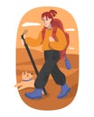 Cheerful cartoon girl with backpack walks with stick and travels with dog vector