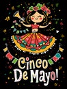 Generative AI. Cinco De Mayo Celebration With Cartoon Girl Dancing in Folkloric Attire Against a Festive Background Royalty Free Stock Photo