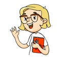 Cheerful cartoon girl greeting and waving hand. Vector hand drawn character holding book