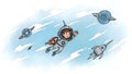 Astronaut Boy Flying in Space, Cartoon Rocket and Planets Royalty Free Stock Photo