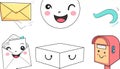 Cheerful cartoon mail-related items including envelopes, a mailb Royalty Free Stock Photo