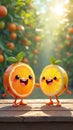 Cheerful cartoon oranges and lemons holding hands in sunny orchard Royalty Free Stock Photo