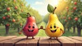 Cheerful cartoon pears in a sunlit orchard holding hands Royalty Free Stock Photo