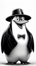 Cheerful cartoon penguin in a hat and frock coat