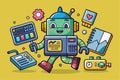 A cheerful cartoon robot holds tools and gadgets, representing a customizable design for firmware projects, Customizable cartoon Royalty Free Stock Photo