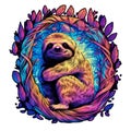 Cheerful cartoon sloth perched on a bed of vibrant foliage, smiling contentedly, on white background