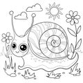 Cheerful cartoon snail. Black and white linear drawing. Vector