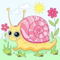 Cheerful cartoon snail crawls on the grass. Vector illustration Royalty Free Stock Photo