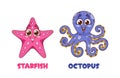 Cheerful Cartoon Starfish With A Vibrant Pink Hue, Spreading Positivity. Playful Octopus, Sporting A Mischievous Grin