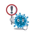 Cheerful cartoon style of microscopic corona virus holding a sign