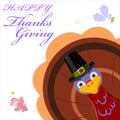 Cheerful cartoon turkey with Happy Thanksgiving lettering Royalty Free Stock Photo
