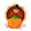 Cheerful cartoon turkey with Happy Thanksgiving lettering