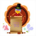 Cheerful cartoon turkey with Happy Thanksgiving lettering Royalty Free Stock Photo