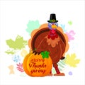 Cheerful cartoon turkey with Happy Thanksgiving lettering Royalty Free Stock Photo