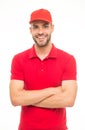 Cheerful cashier. Delivery service. Restaurant cafe staff wanted. Man unshaven hipster wear cap cashier uniform white Royalty Free Stock Photo