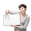 Cheerful casual woman pointing at empty open book