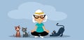 Elderly Woman relaxing Surrounded by Cats Vector Cartoon illustration