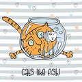 Cheerful cat watching fish in the aquarium. Cute Doodle style . Striped background. Vector Royalty Free Stock Photo
