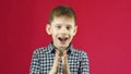 A cheerful caucasian boy of 7-8 years old applauds with his hands and looks at the camera. Studio shooting on a red background. Th