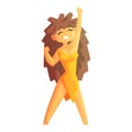 A cheerful cave girl, with her hand raised, stone age character, colorful vector illustration