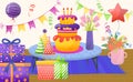 Cheerful celebrate birthday party, birth cake candle with balloon, bouquet flower flat vector illustration, wrapping