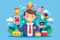 A cheerful character showcases trophies, tools, and rewards, emphasizing brand loyalty in a fun and engaging cartoon style