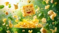 Cheerful cheese cube and pasta with fresh basil in a whimsical scene Royalty Free Stock Photo