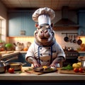 Cheerful Chef Hippopotamus preparing in the kitchen