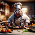 Cheerful Chef Hippopotamus preparing in the kitchen