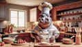 Cheerful Chef Hippopotamus preparing in the kitchen