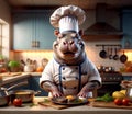 Cheerful Chef Hippopotamus preparing in the kitchen