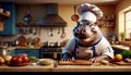 Cheerful Chef Hippopotamus preparing in the kitchen