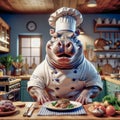Cheerful Chef Hippopotamus preparing in the kitchen