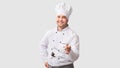 Cheerful Chef Man Holding Ladle Standing Over White Background, Panorama